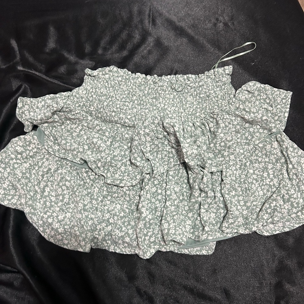Altar'd State Green Bubble Mini Skirt with Ruffled Smocked Design